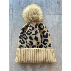 Los Angeles Boutique Brown Black Leopard Knit Pom Slouchy Knit Beanie Hat NEW